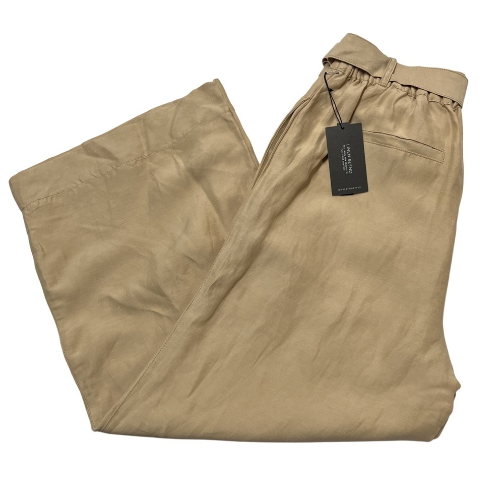 Halston Pants Beige Linen Blend Wide Leg Belted Size M Coastal Beachy Langenlook